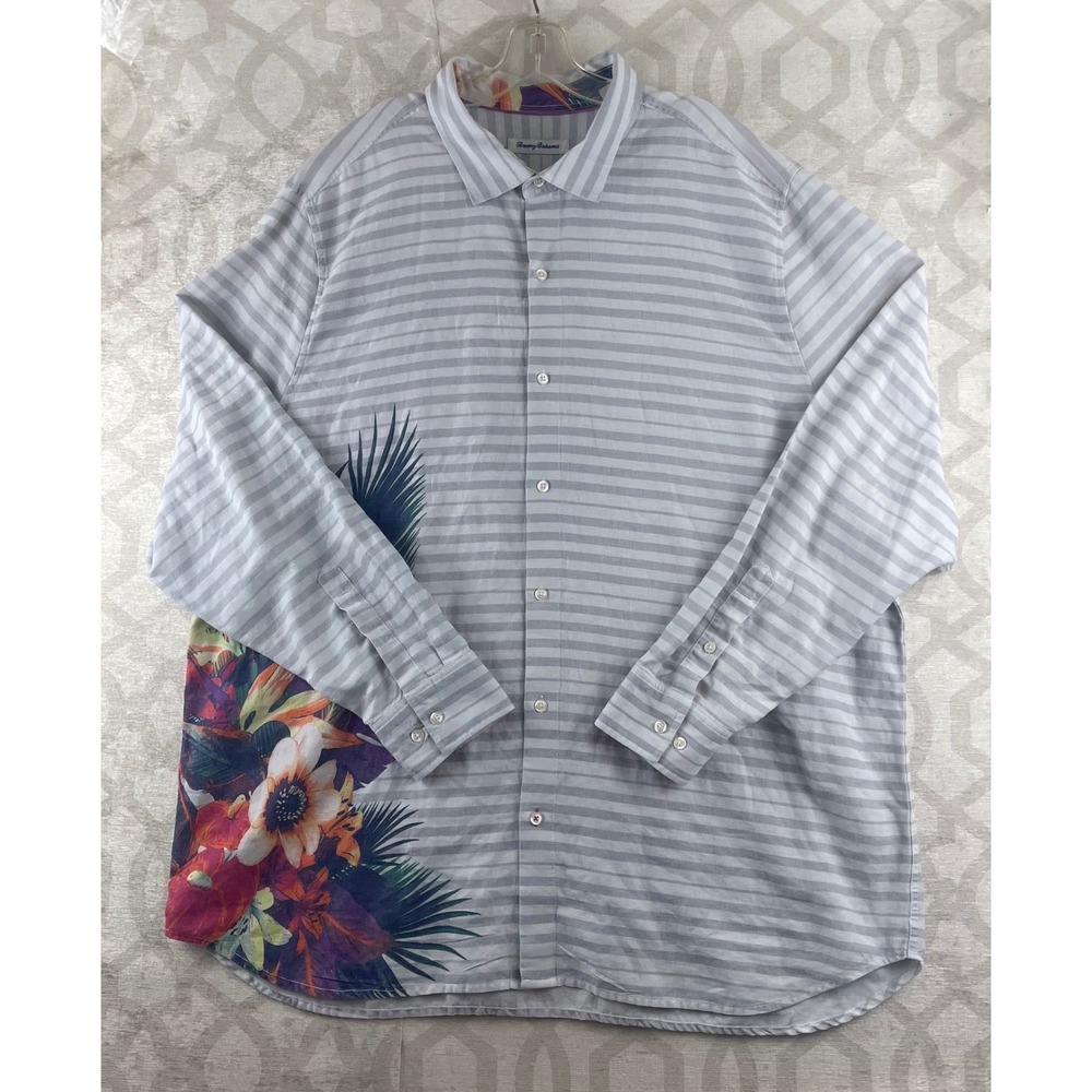 Tommy Bahama Island Zone Mens‎ XXXL Gray Striped Floral Linen Blend Shirt